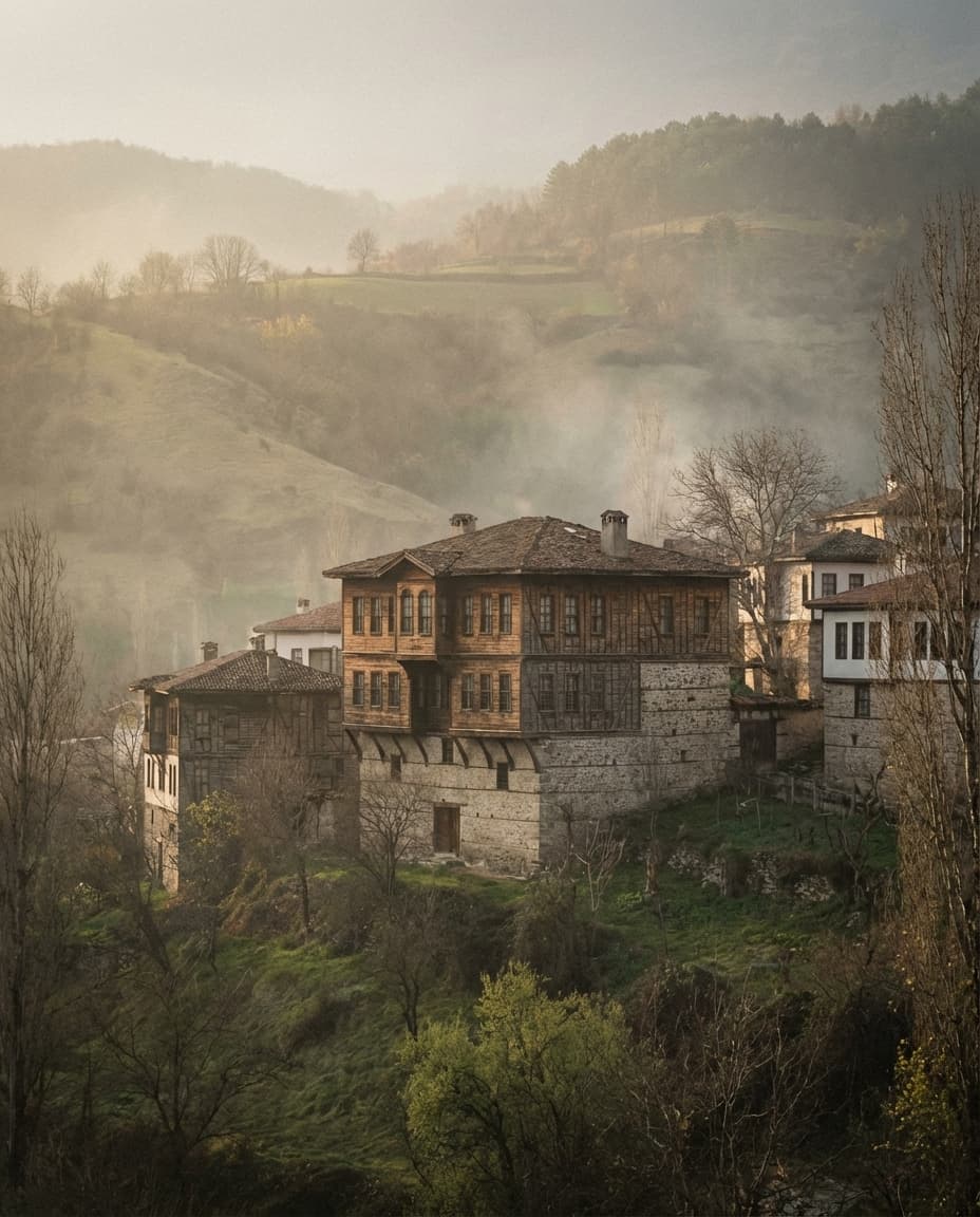 Traditional Ottoman houses in the misty hills of Turkey